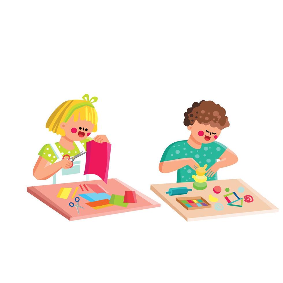 Boy And Girl Kids Crafting In Classroom Vector