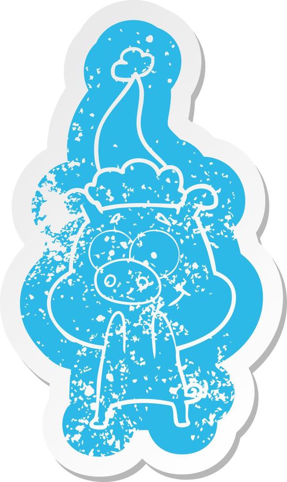 happy cartoon distressed sticker of a pig wearing santa hat vector