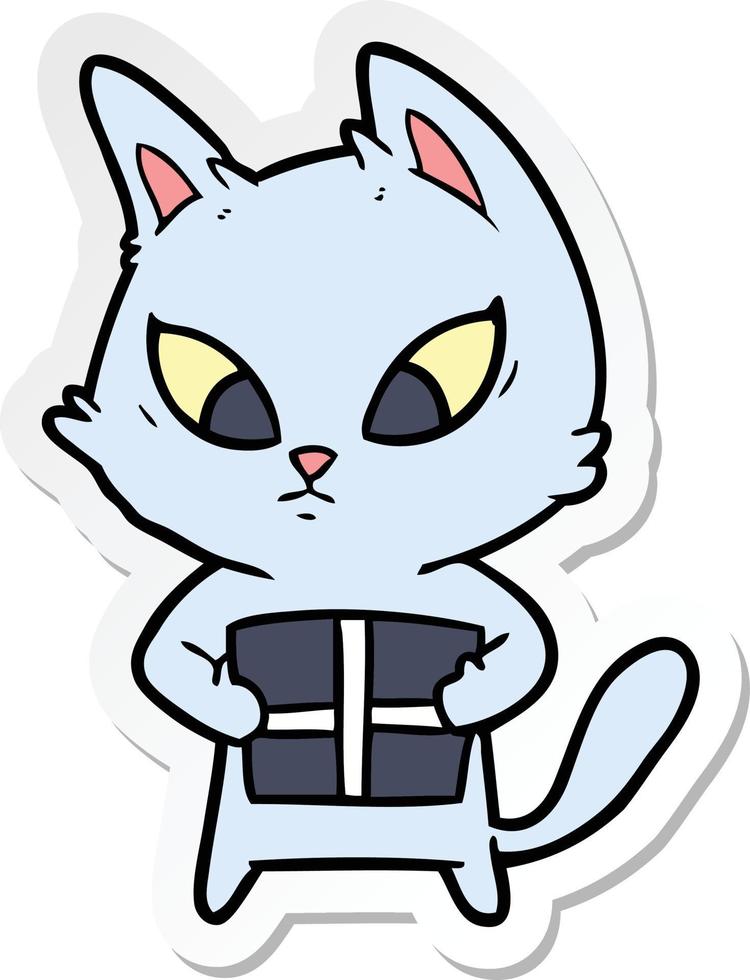 sticker of a confused cartoon cat with gift vector