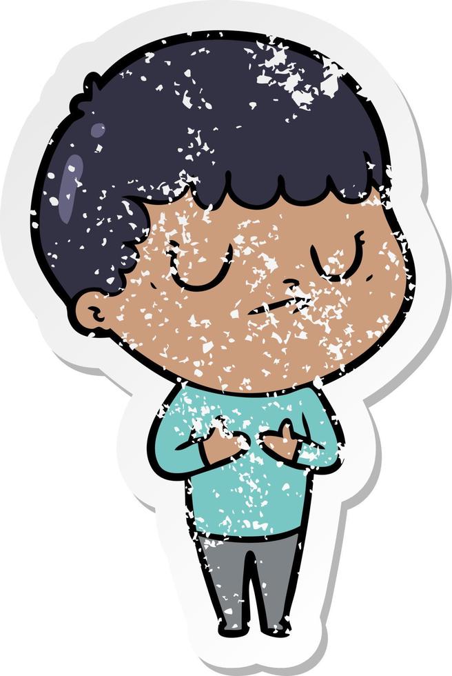 distressed sticker of a cartoon grumpy boy vector