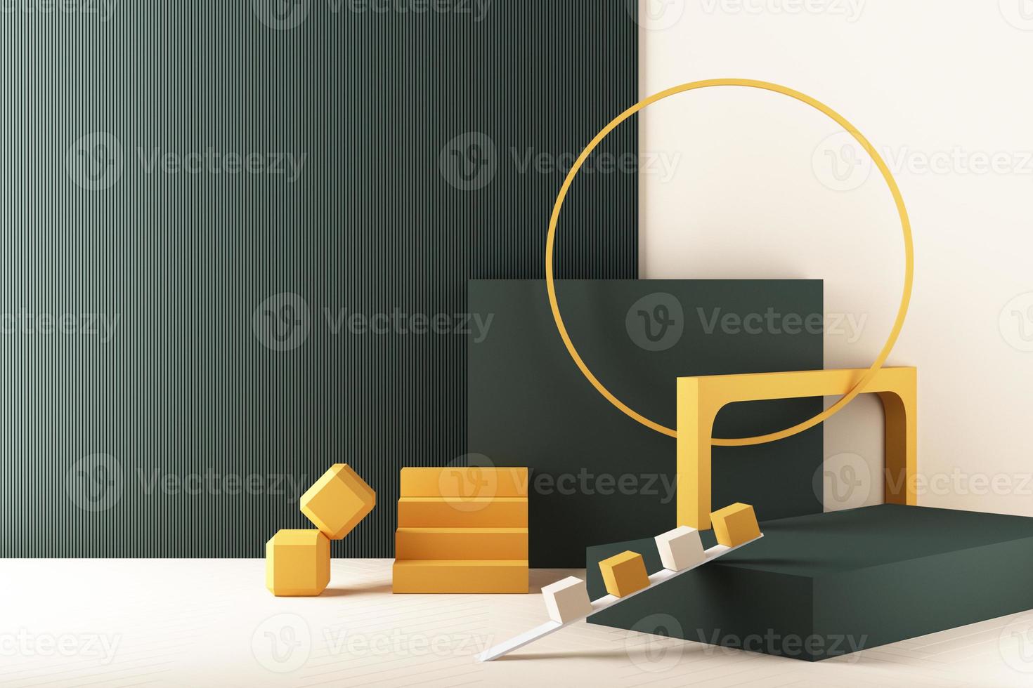 Minimal abstract geometric background with direct sunlight in shades of green and yellow. Showcase scene with empty podium for product presentation 3d rendering photo