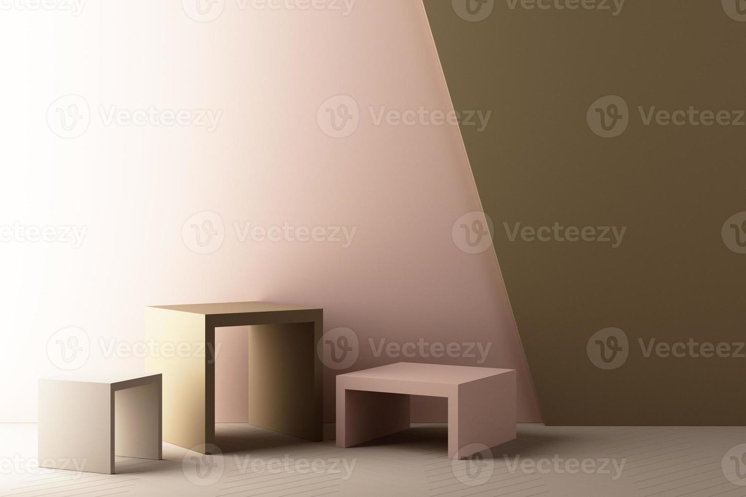 Minimal abstract geometric background with direct sunlight in shades of green and yellow. Showcase scene with empty podium for product presentation 3d rendering photo