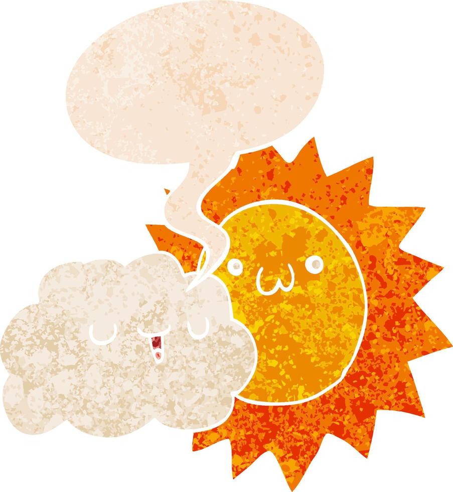 cartoon sun and cloud and speech bubble in retro textured style vector