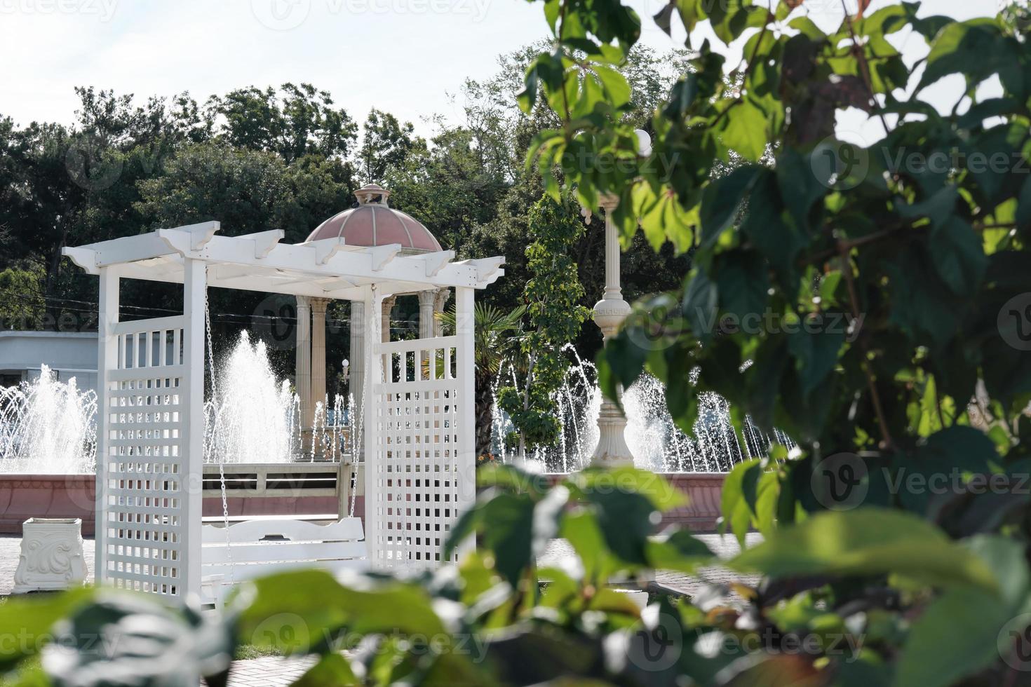 white wooden swing near the fountain photo