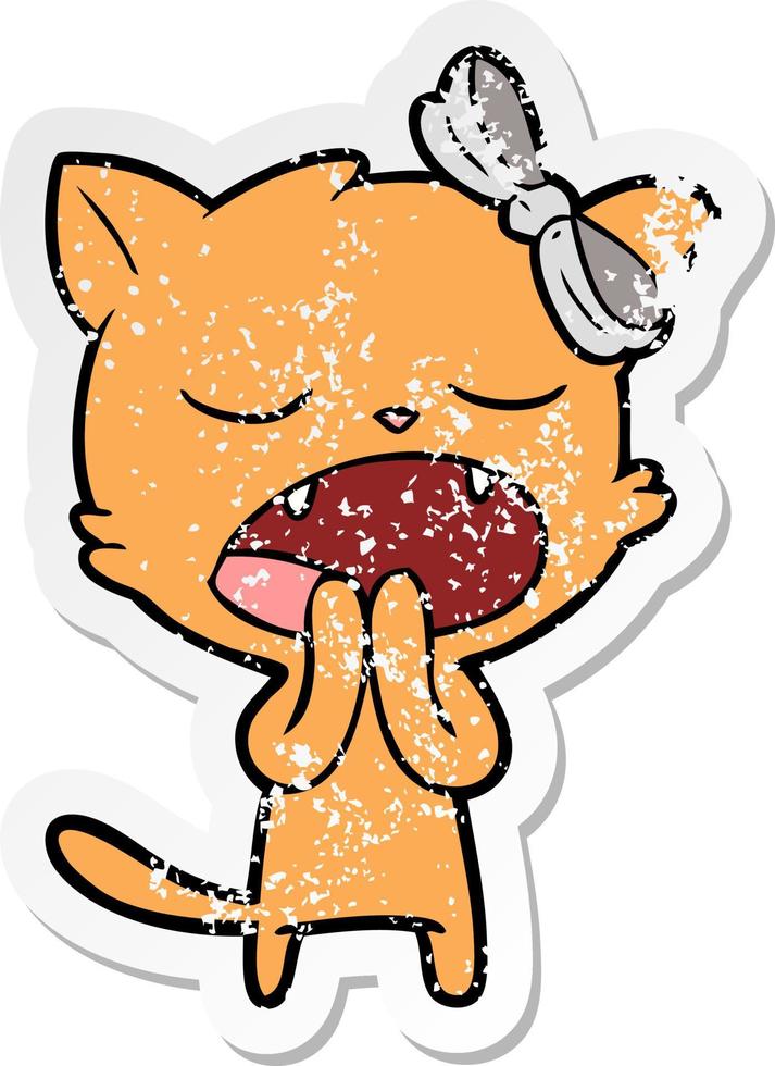 distressed sticker of a cartoon yawning cat vector