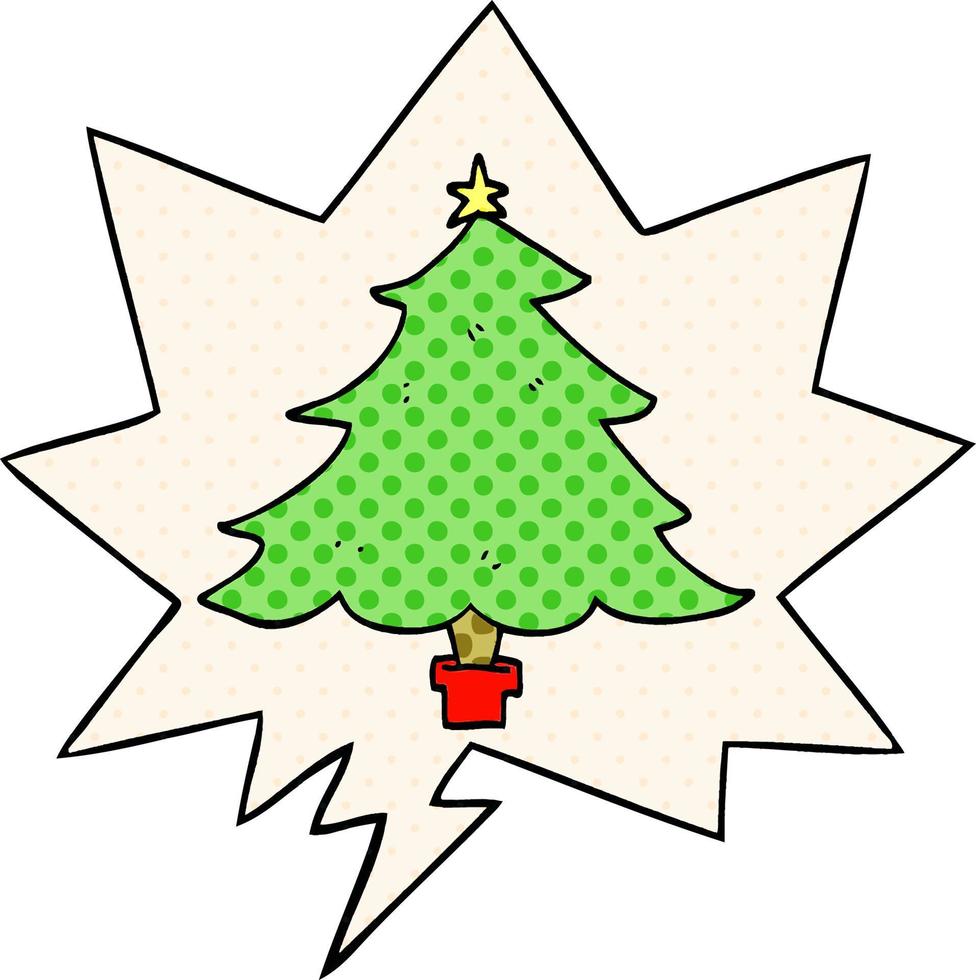 cartoon christmas tree and speech bubble in comic book style vector