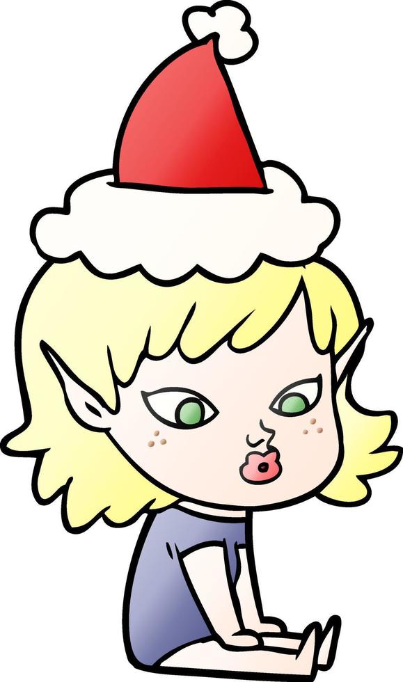 pretty gradient cartoon of a elf girl wearing santa hat vector