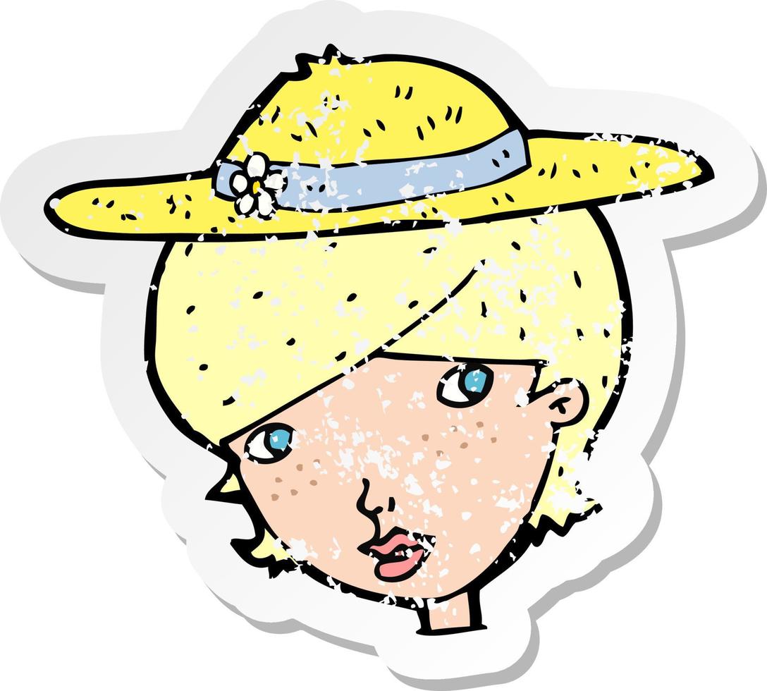 retro distressed sticker of a cartoon woman wearing summer hat vector