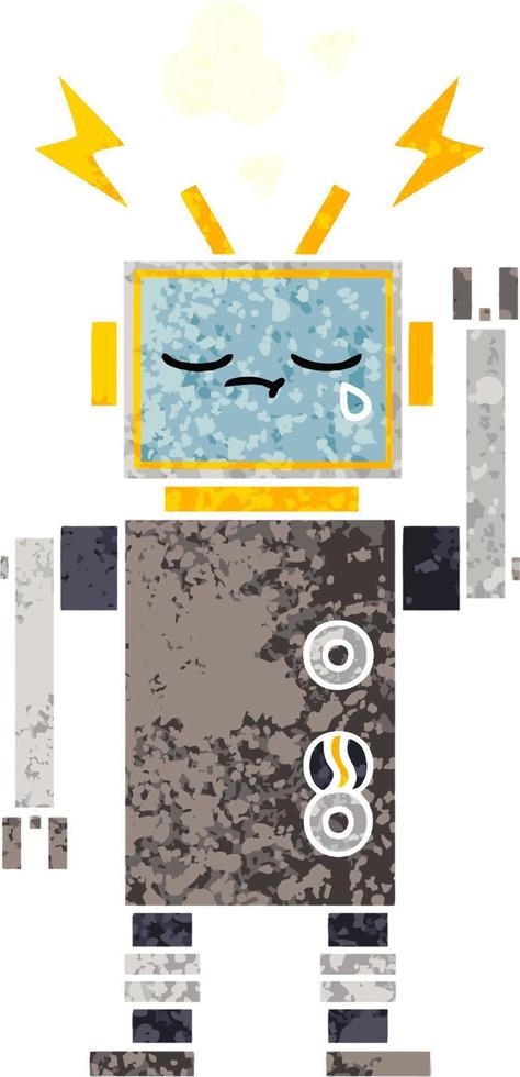 retro illustration style cartoon crying robot vector