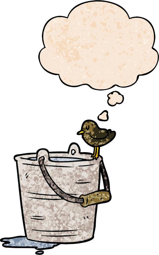 cartoon bucket of water and thought bubble in grunge texture pattern style vector
