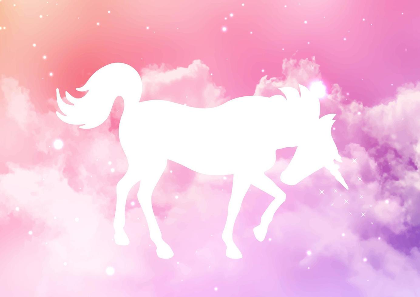 Silhouette of a unicorn on a sugar cotton candy clouds background vector