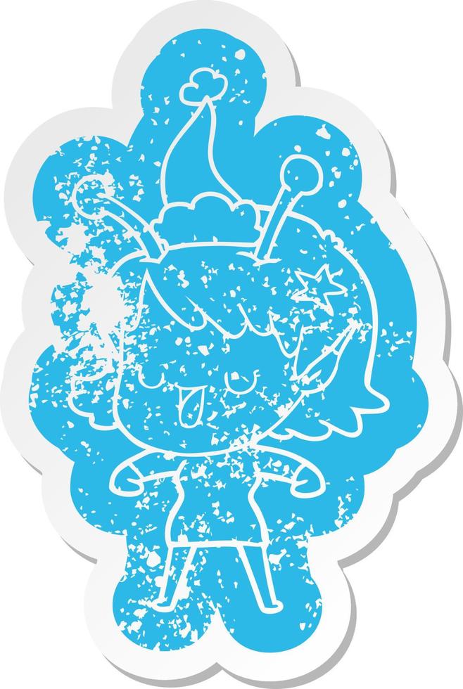 happy alien girl cartoon distressed sticker of a wearing santa hat vector