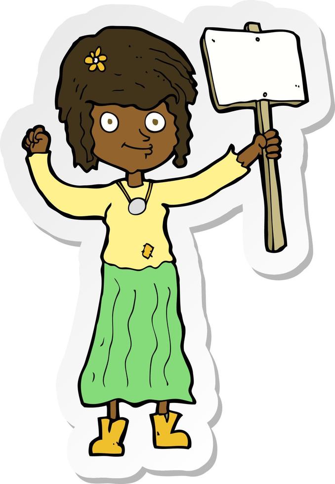 sticker of a cartoon hippie girl with protest sign vector