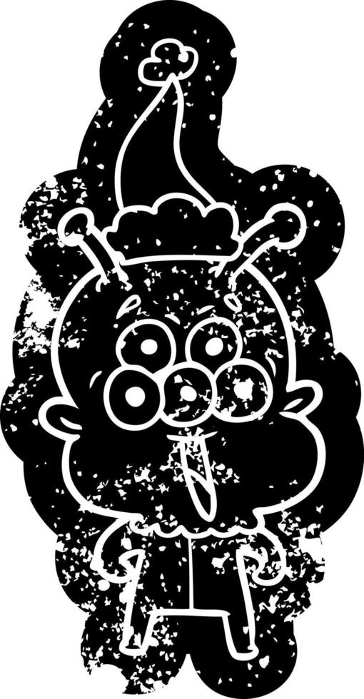 happy cartoon distressed icon of a alien wearing santa hat vector