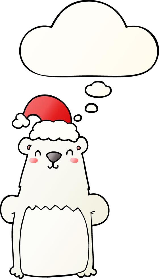 cartoon bear wearing christmas hat and thought bubble in smooth gradient style vector