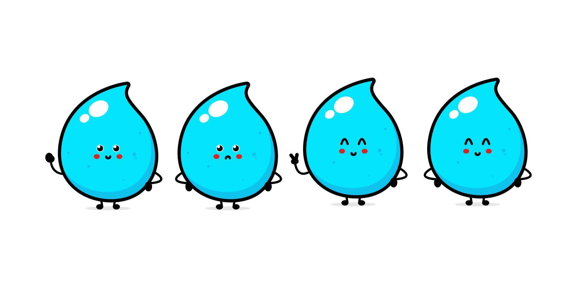 Cute water drop character with different face expressions. Vector graphics with plain colors.