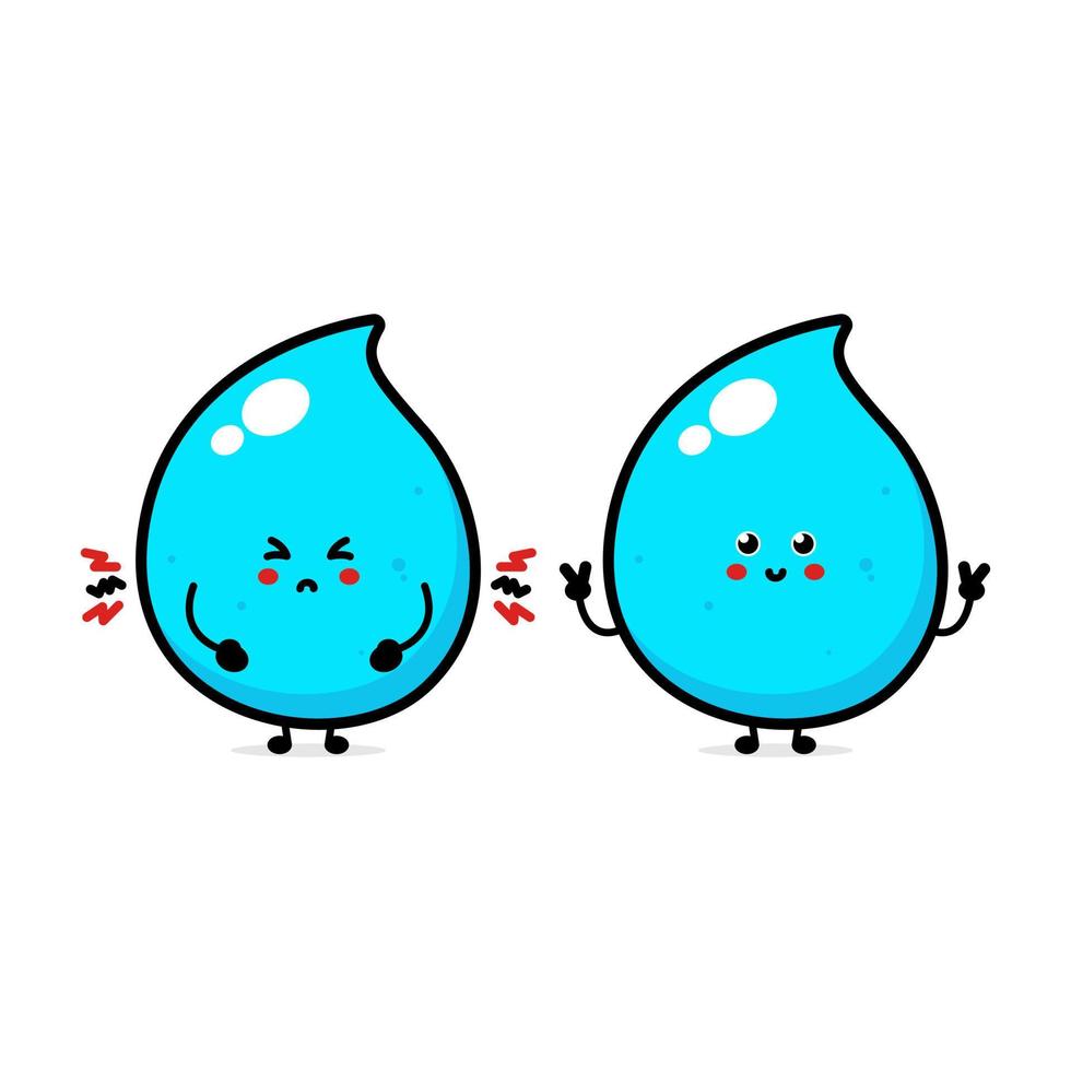 Cute water drop character with different face expressions. Vector graphics with plain colors.