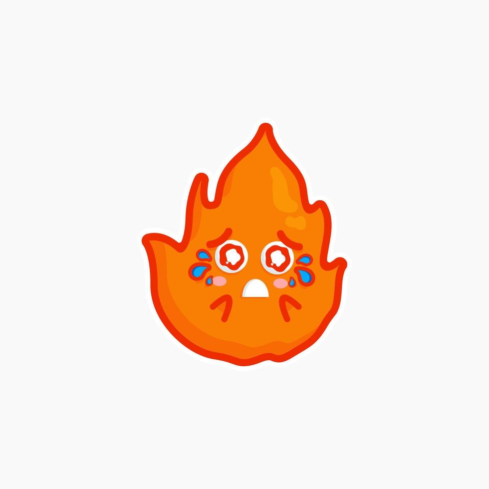 cute character fire cute sticker design set bundle for shop element nature fire yellow very sad and cry in white background vector