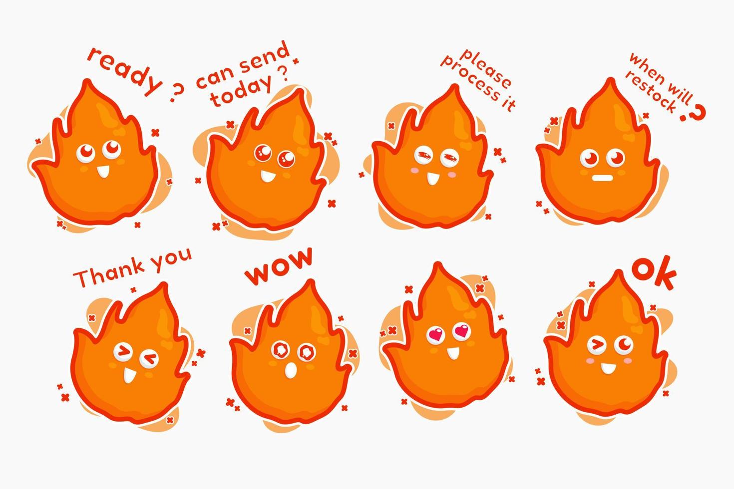 cute character fire cute sticker design set bundle for shop element nature fire yellow vector
