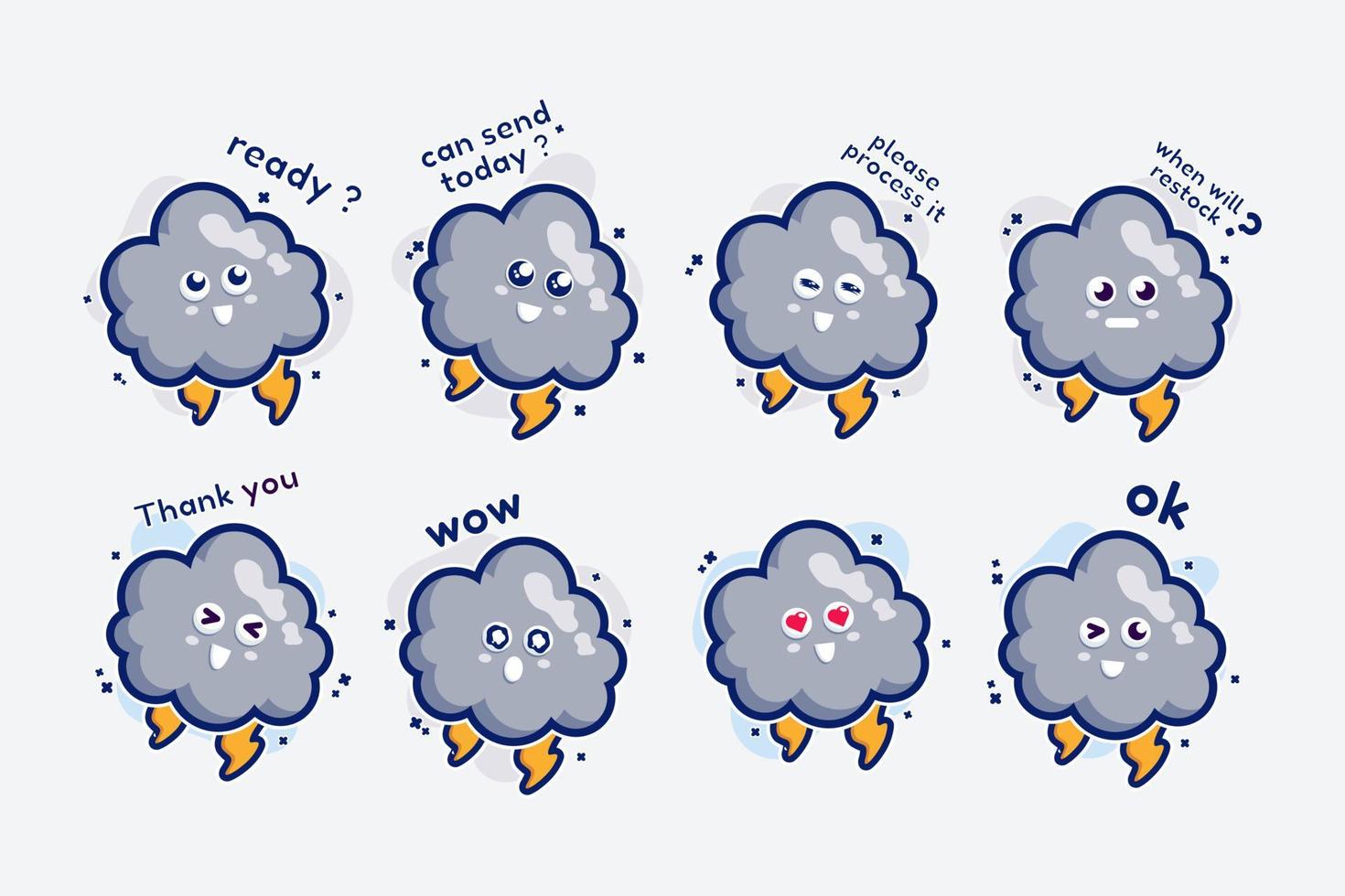 linda mascota de conjunto de personajes y nube de diseño de pegatinas para compras en línea cara de expresión de emoticono y nube de tormenta de truenos vector