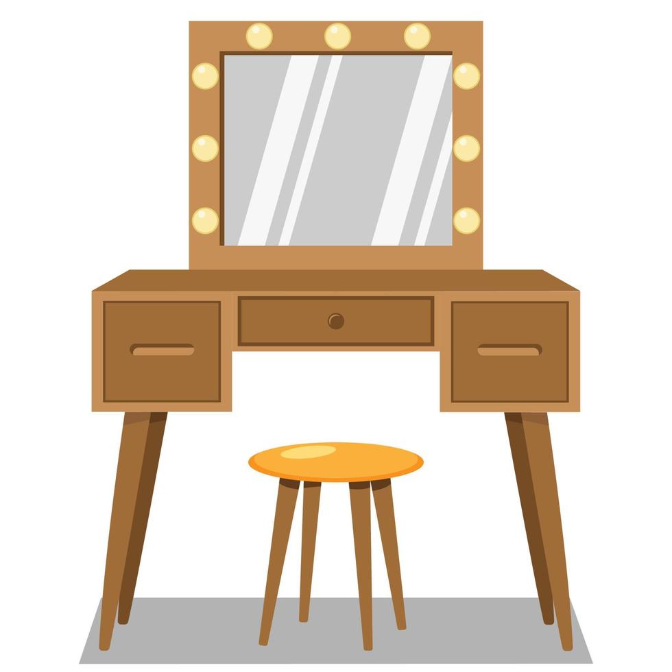 tocador con vector plano de espejo, espejo de maquillaje, tocador, mesa, silla, ilustración plana