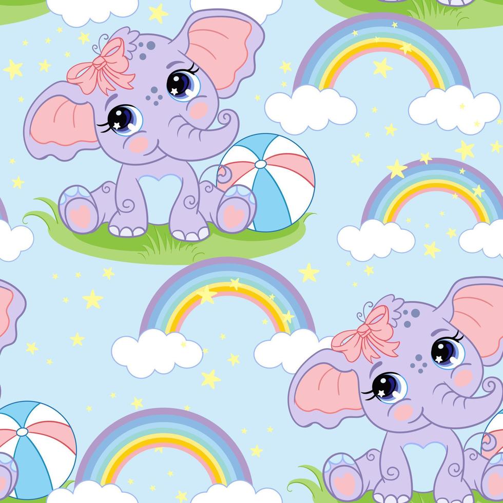 Seamless vector pattern with cute elephant and rainbow