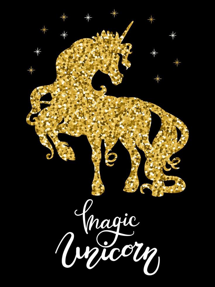 Golden unicorn silhouette with stars and text vector