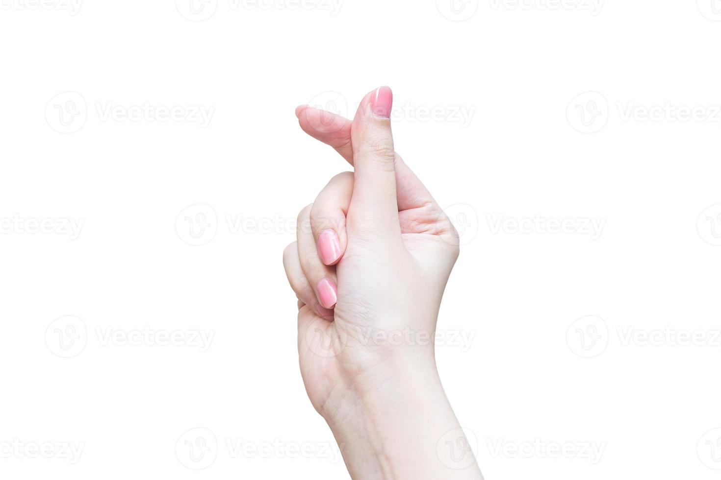 Asian woman make her hand like mini heart shape Korea style as a sign of love isolated on a white background. photo