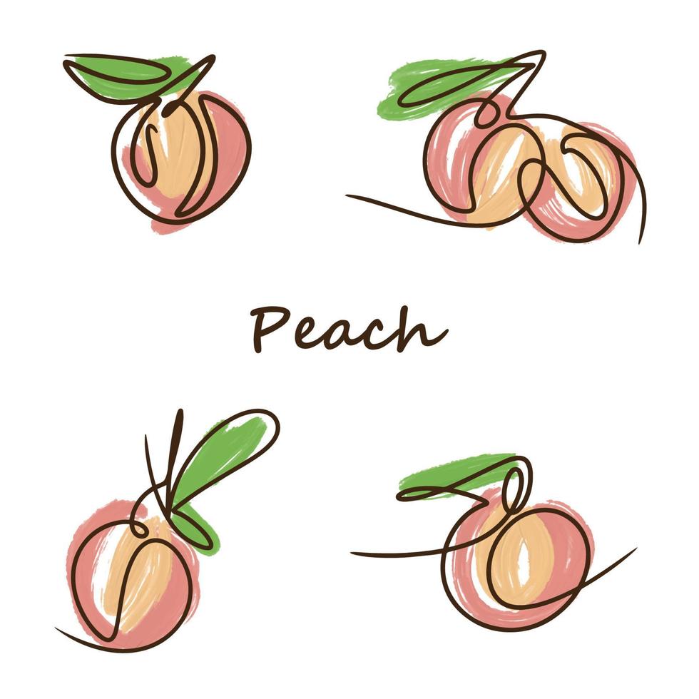 Peach set, juicy, ripe and delicious, peach, orange and green color vector