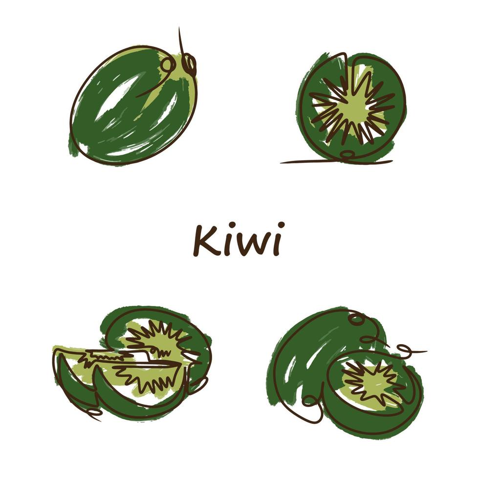 Kiwi set, line drawing, juicy, ripe and delicious, marsh green color vector