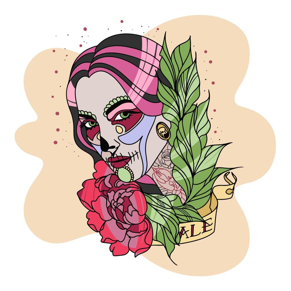 Beautiful girl in Chicano style, with a tattoo, roses in her hair vector