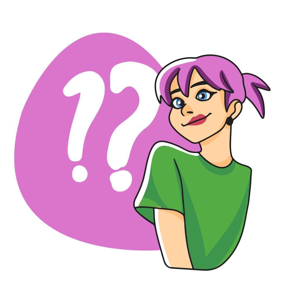 Girl expresses emotion, question mark, doodle vector