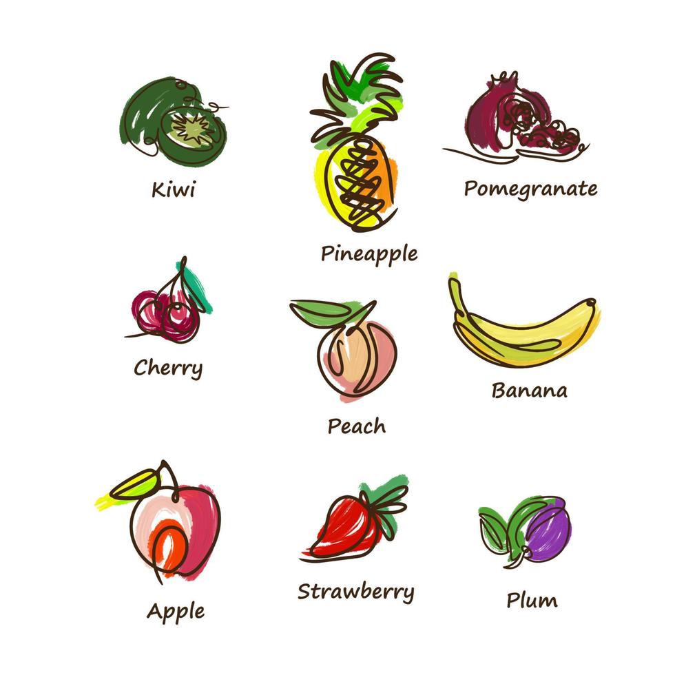 Fruit set, line drawing, kiwi, pineapple, pomegranate, cherry, peach, banana, apple, strawberry and plum vector