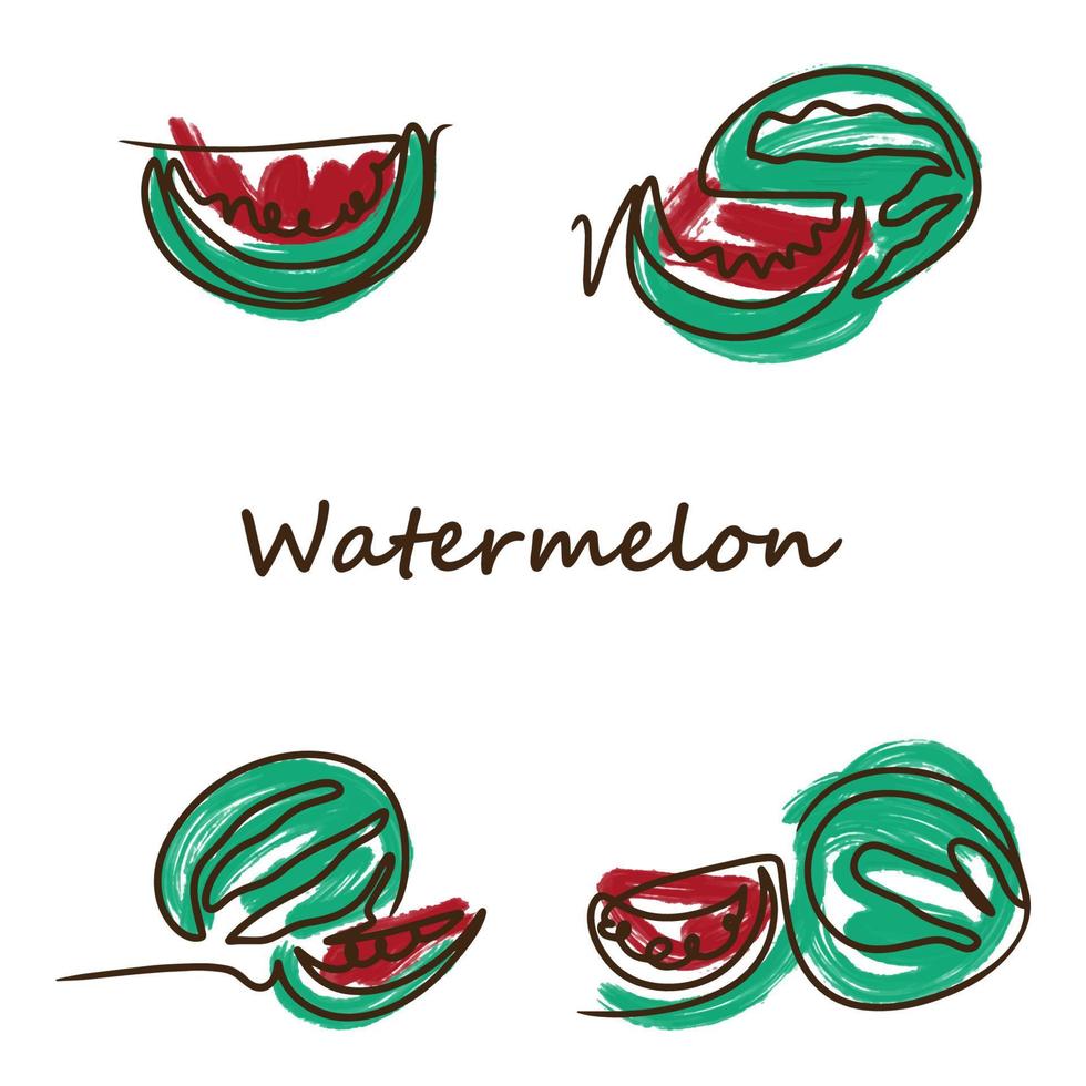 Watermelon set, juicy, ripe and delicious, green and red color vector