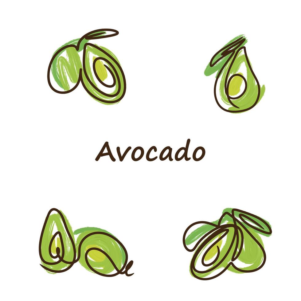 Avocado set, line drawing, juicy, ripe and delicious, green color vector