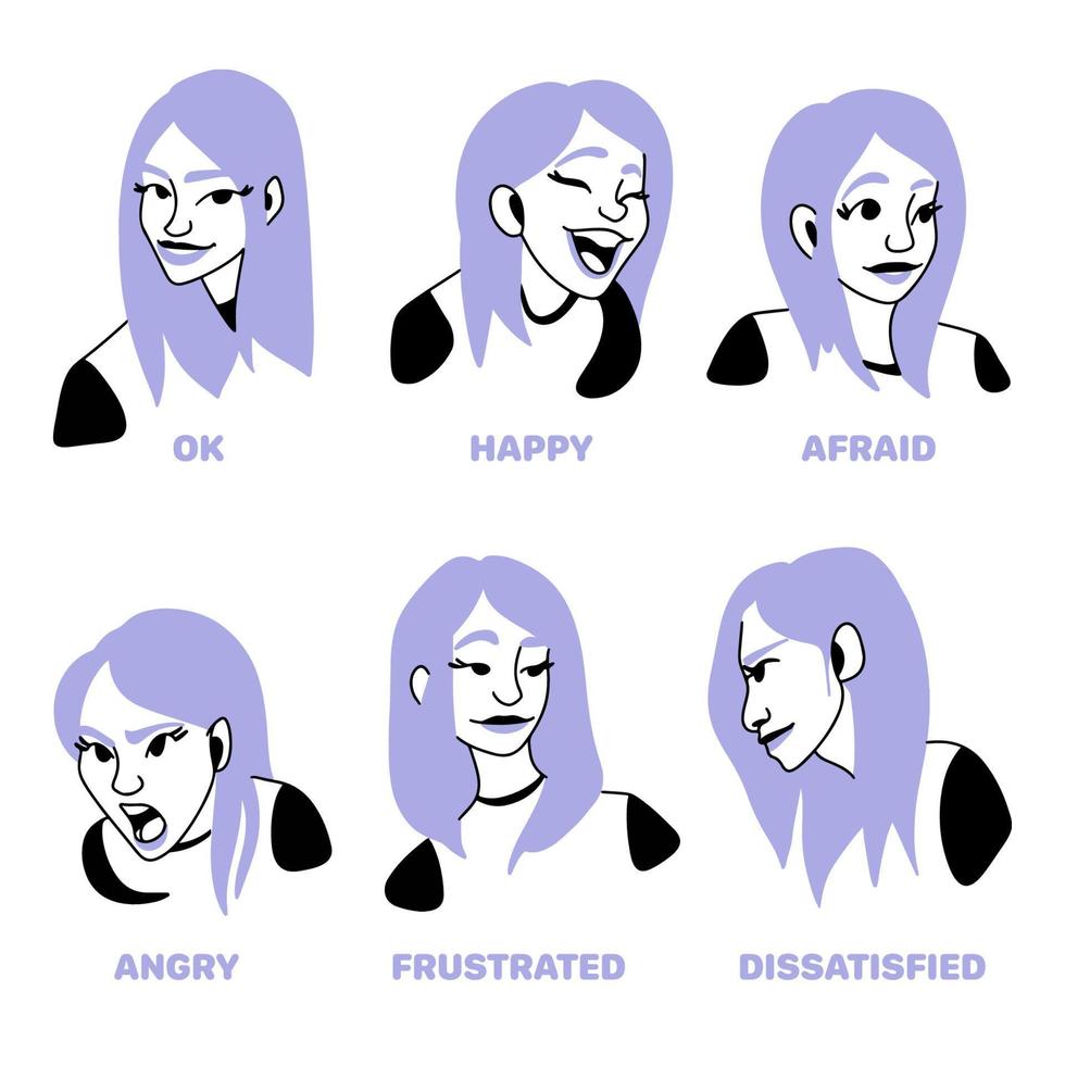 conjunto de una chica que muestra emociones, dibujo de dibujos animados vector