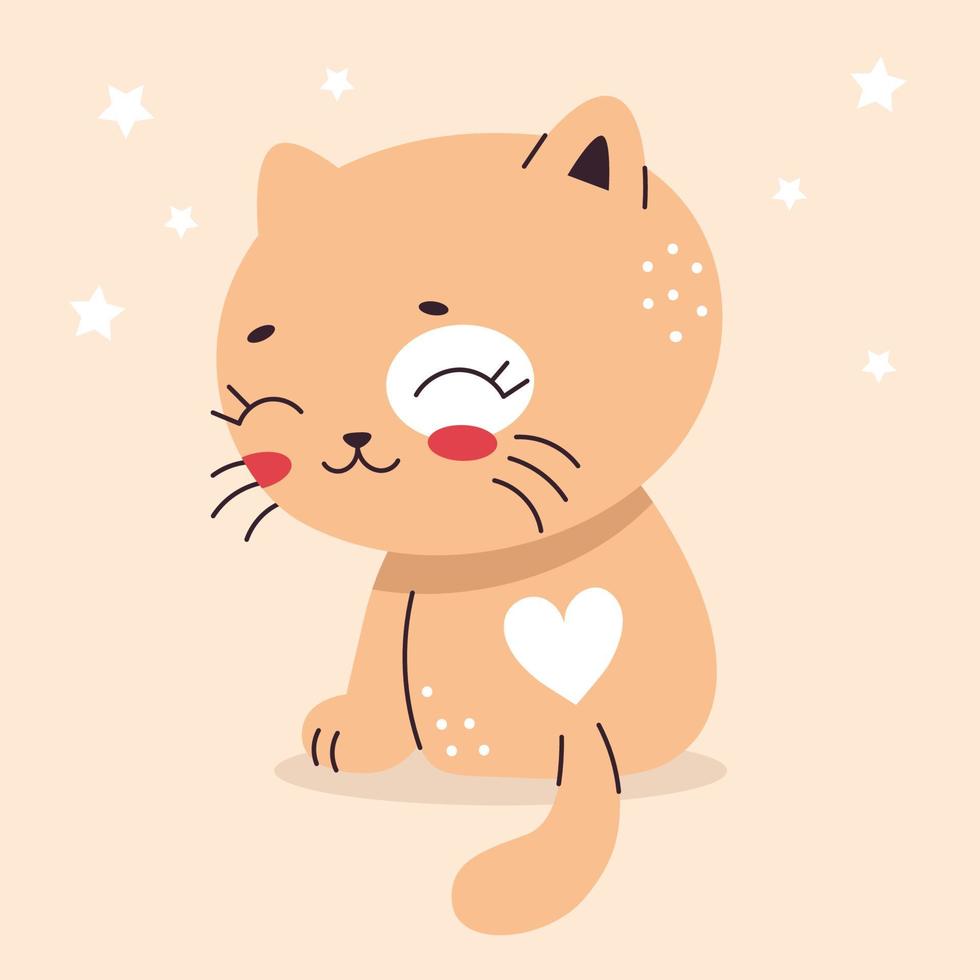 Cute little cat in cartoon flat style. Home pet, kitten. Vector illustration for nursery, print on textiles, cards, clothes.