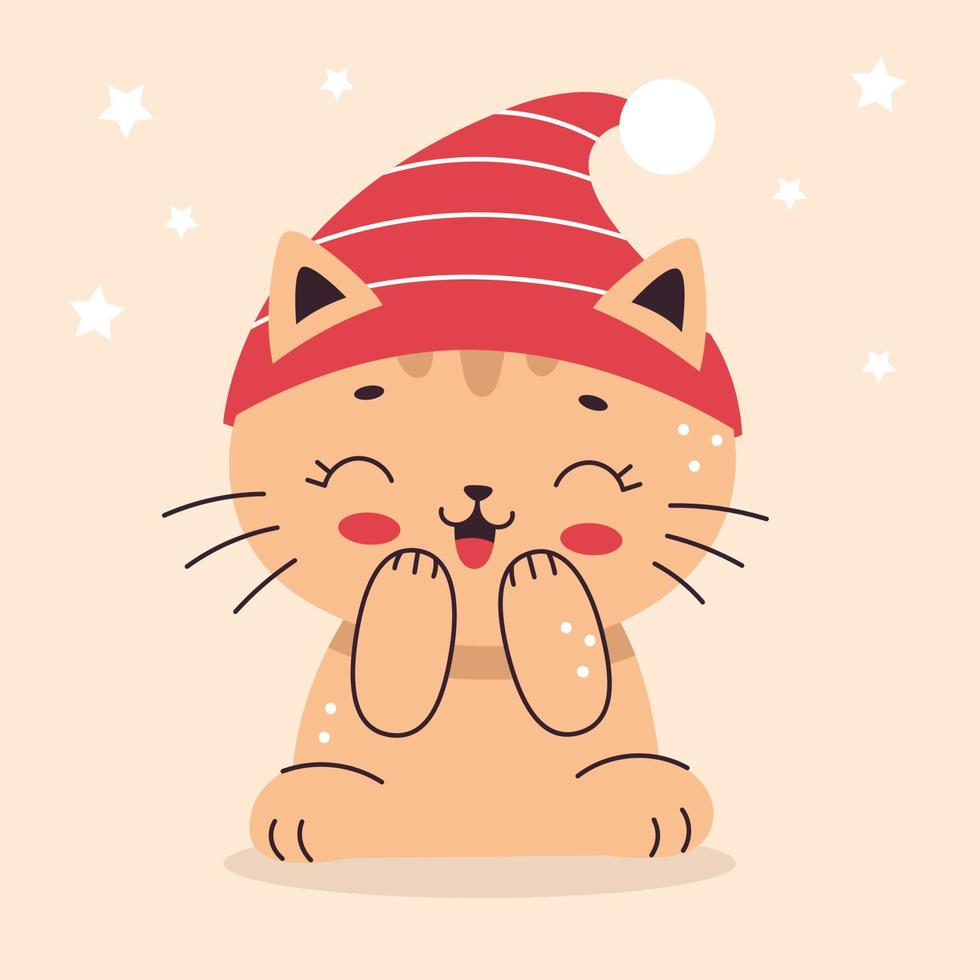 Cute little cat in a cap. Illustration in cartoon flat style. Home pet, kitten. Vector illustration for nursery, print on textiles, cards, clothes.