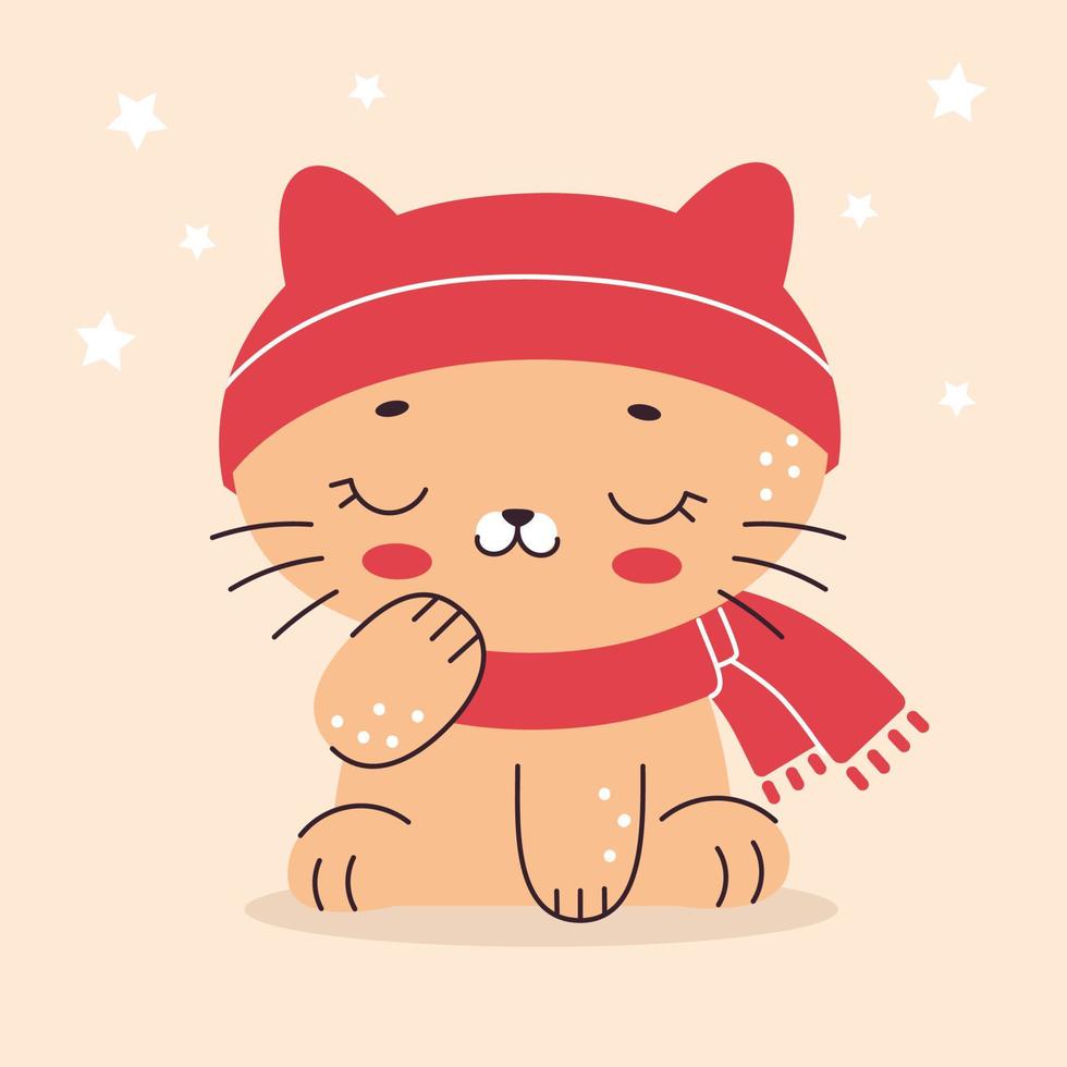 lindo gatito con gorra y bufanda. ilustración en estilo plano de dibujos animados. mascota casera, gatito. ilustración vectorial para vivero, impresión en textiles, tarjetas, ropa. vector