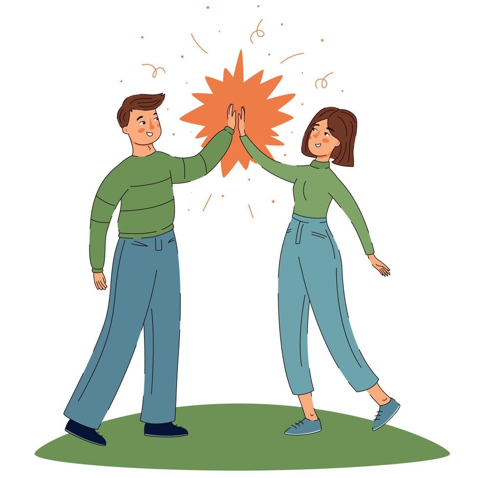 Two people giving a high five for great work. Vector illustration of friendship and giving a high five as a symbol of great work achievement. Man and woman team give hand slapping