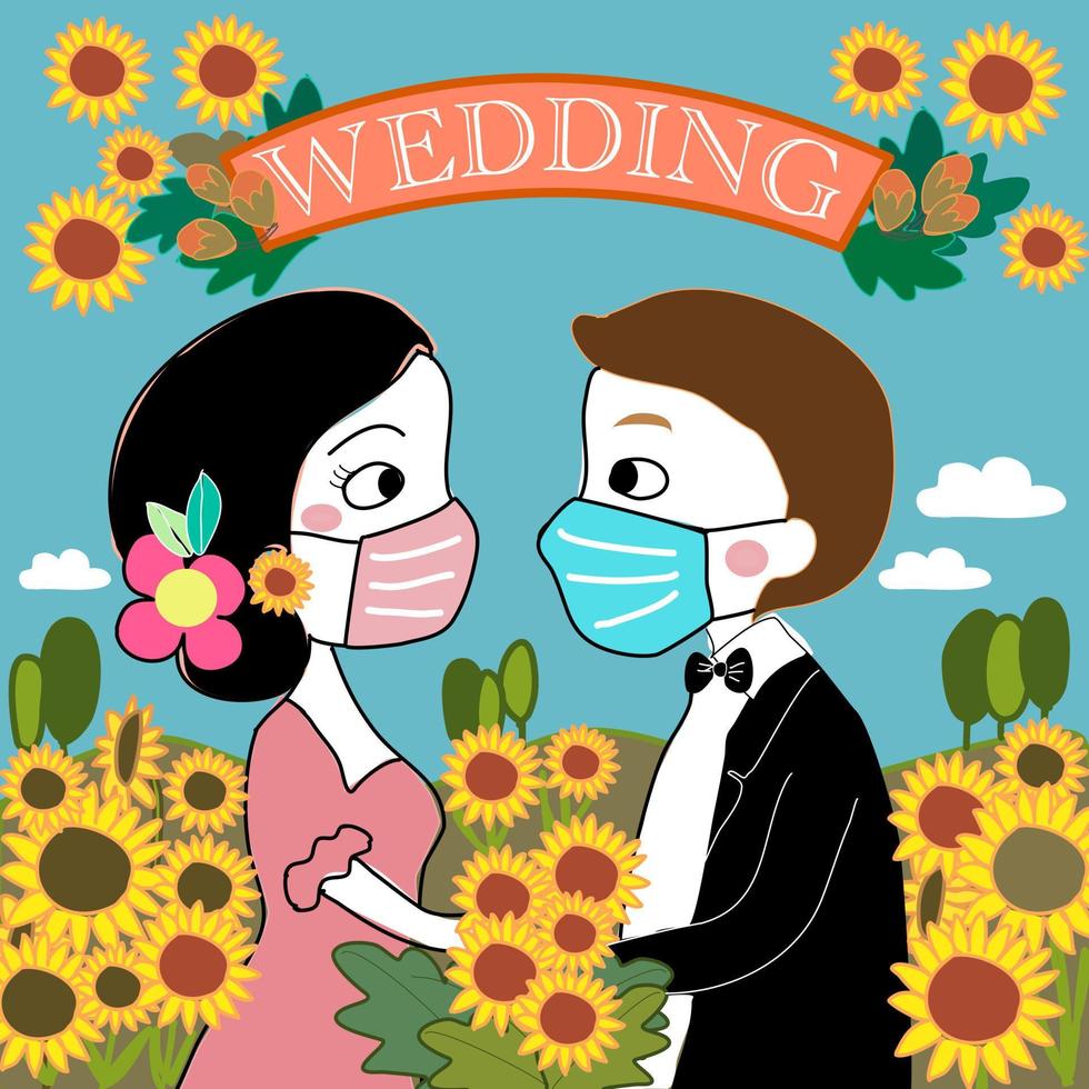 Covid wedding in sunflower field with bride and groom hand drawn cartoon vector