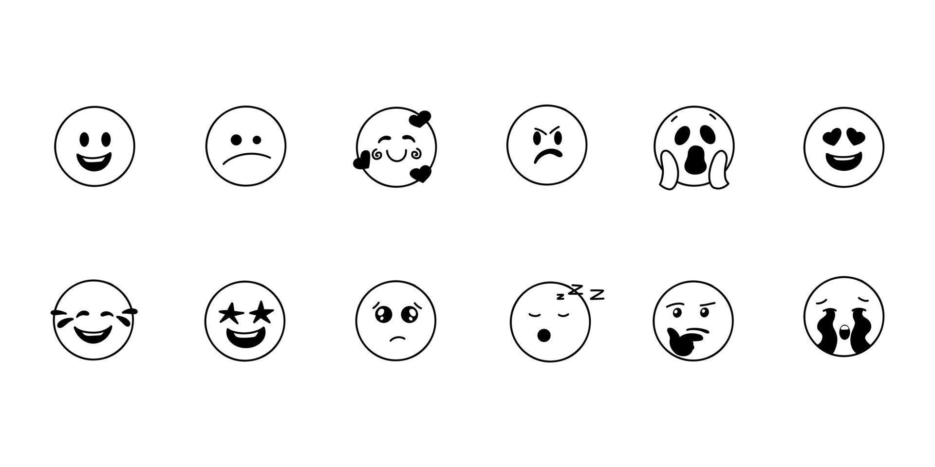 conjunto de emojis vectoriales de garabatos. expresiones faciales dibujadas a mano, estado de ánimo feliz y triste. estado de ánimo diferente. sentimientos humanos positivos y negativos. ilustración vectorial vector