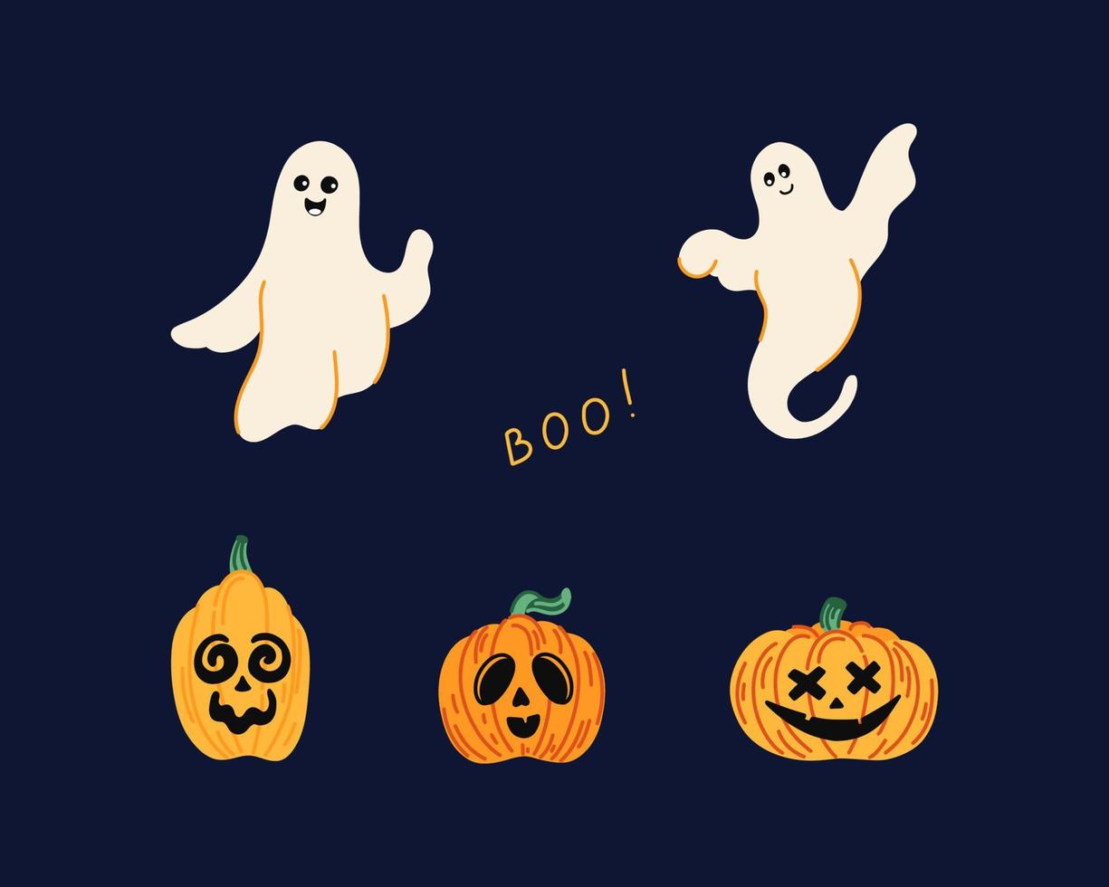 Cute Halloween illustrations set with pumpkinsand ghosts vector illustration set