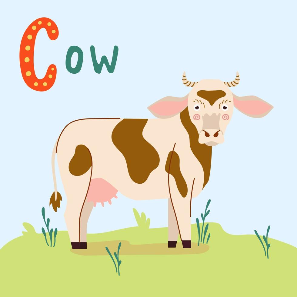 Cow isolated on green grass. Vector cow illustration in cartoon flat style. Farm animal for kids design