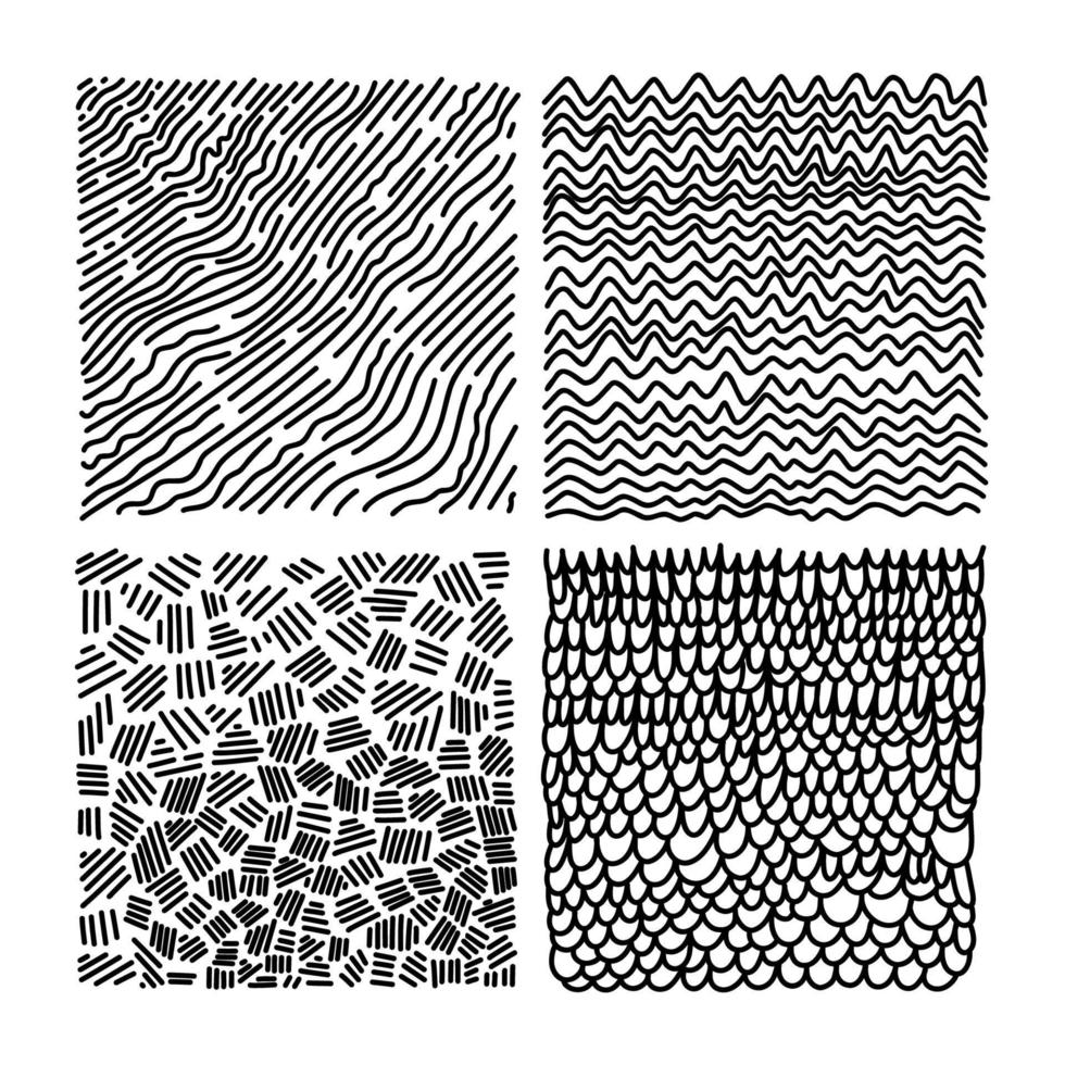 Hand drawn vector textures with different shapes. Abstract vector backgrounds with dots, lines, stripes, and strokes in black and white