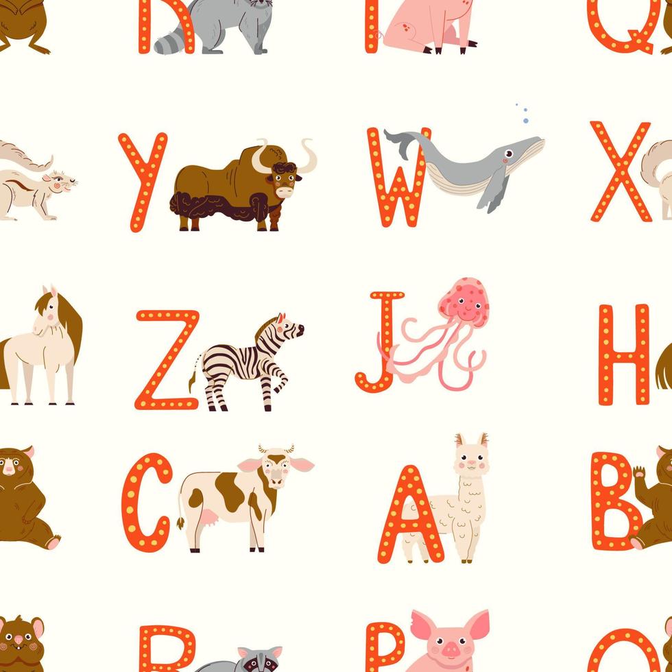 Cute vector seamless pattern with cute baby animals and alphabet letters on a white background, for baby fabric, scrapbooking, wallparer