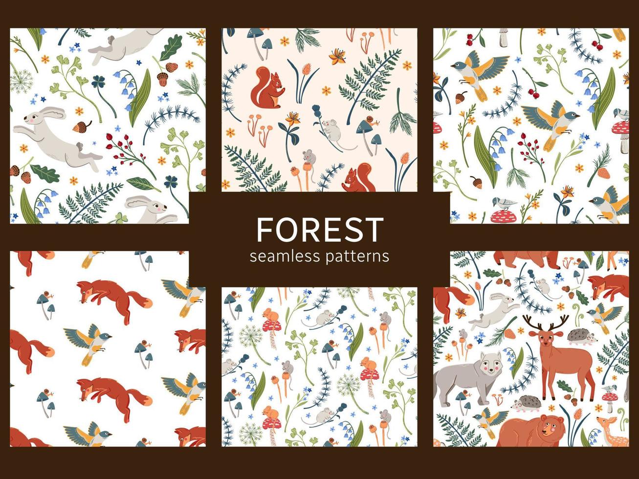 Cute forest animals seamless patterns collection. Woodland hand drawn vector backgrounds set of deer, bear, fox, hedgehog and birds