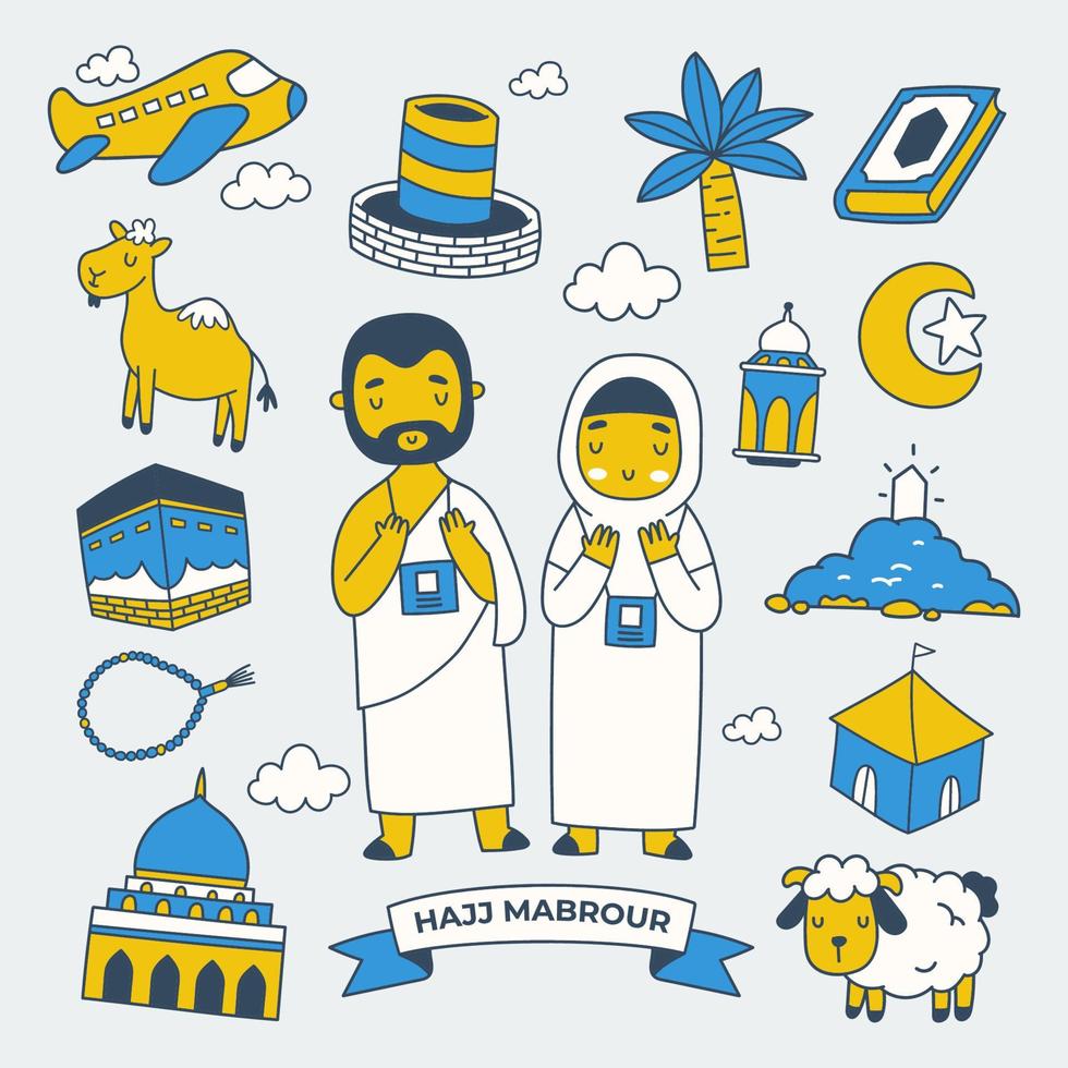 colección de elementos de hajj y umrah dibujados a mano, hajj mabrour significa el hajj aceptado vector