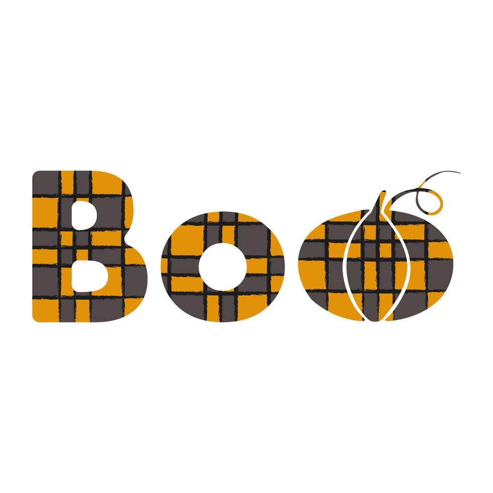 BOO inscription with pumpkin in the form of a warm orange and gray checkered plaid isolated on a white background. Stylized BOO text on Halloween. vector