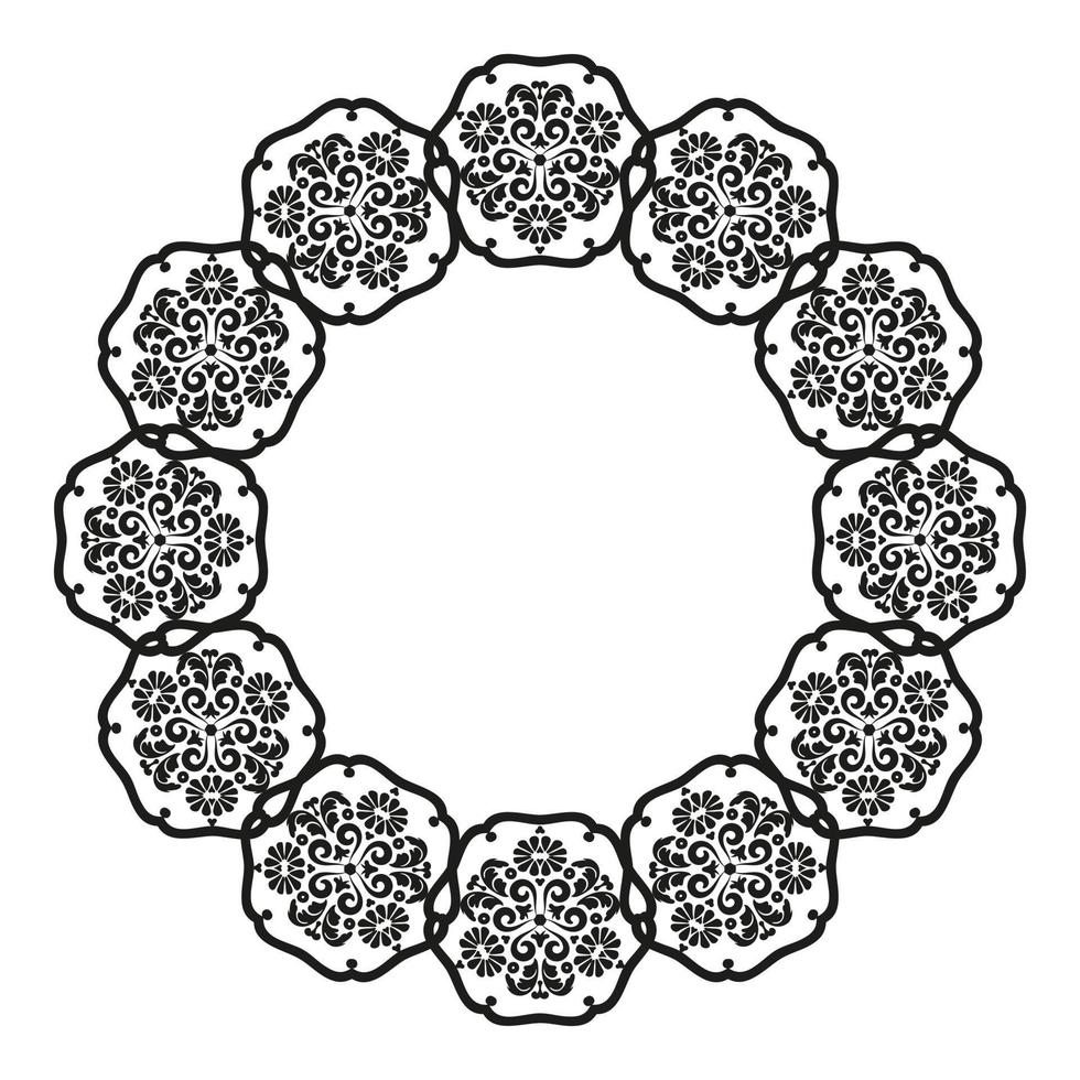 Mandala frame.For the design of frames, menus, wedding invitations or labels, for laser cutting, creating patterns in wood, marquetry. Digital graphics. Black and white. vector